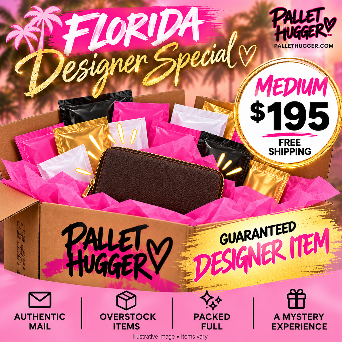 Illustrative Florida Designer Special medium box featuring one plain unbranded wallet and sealed packets. Items vary.