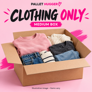 Illustrative Pallet Hugger medium clothing-only box with folded unbranded apparel. Items vary.