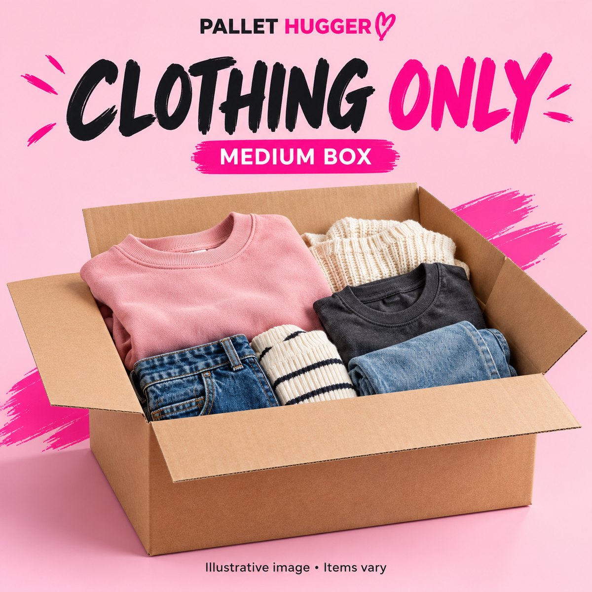 Illustrative Pallet Hugger medium clothing-only box with folded unbranded apparel. Items vary.